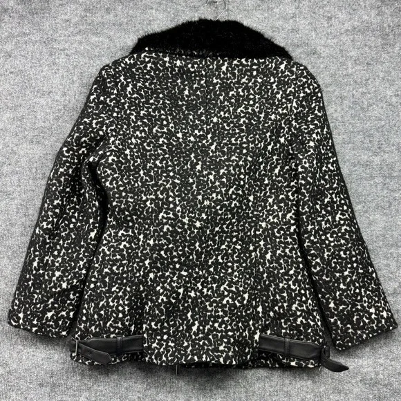 Karen Millen Leopard Print Faux Fur Collar Moto Jacket Women Black White Size 10
